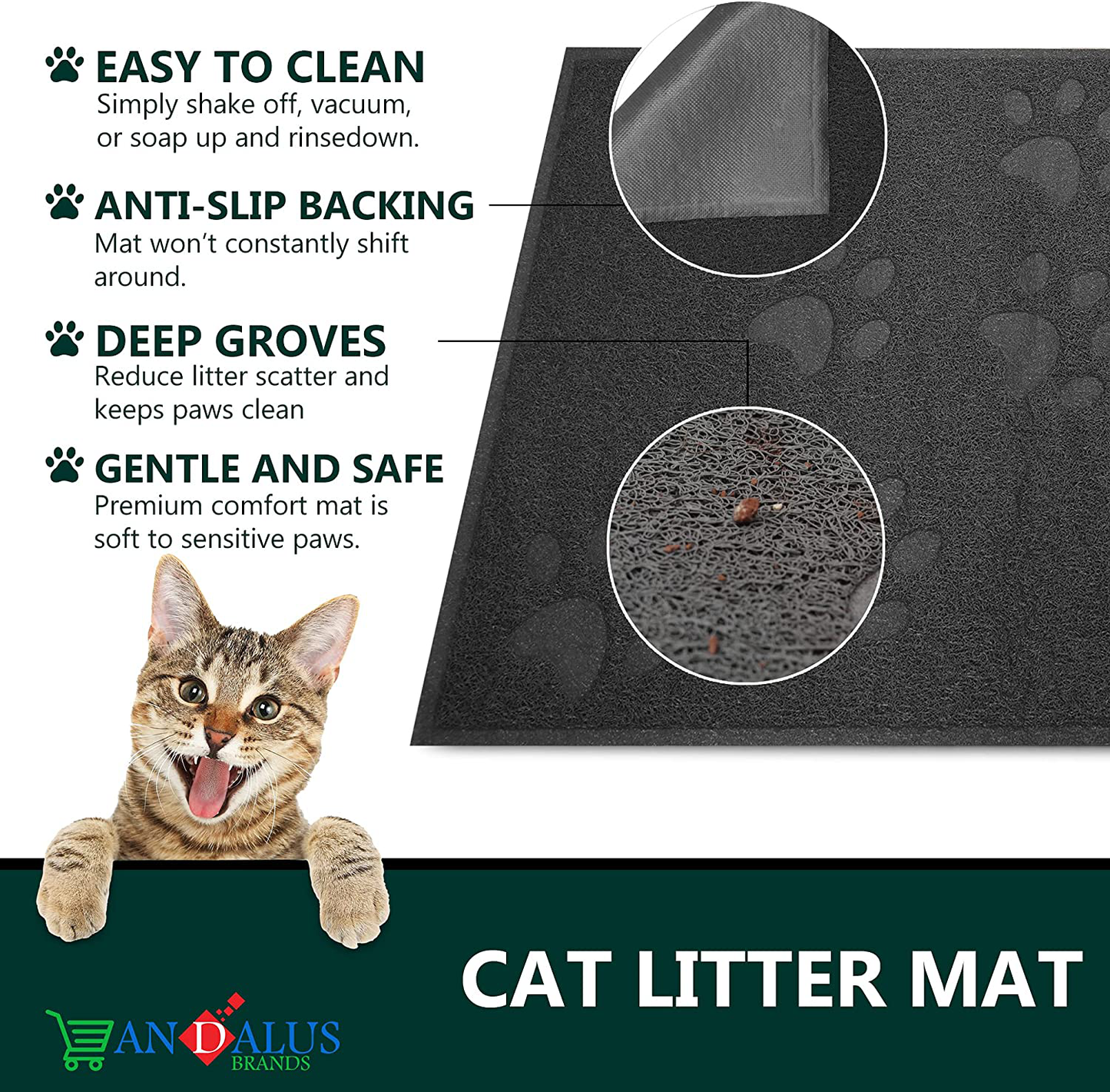 ANDALUS Cat Litter Mat - Kitty Litter Trapping Mat for Litter Boxes - Kitty Litter Mat to Trap Mess, Scatter Control - Washable Indoor Pet Rug and Carpet - Grey, Small (15.75" X 11.75") Animals & Pet Supplies > Pet Supplies > Cat Supplies > Cat Litter Box Mats ANDALUS BRANDS   