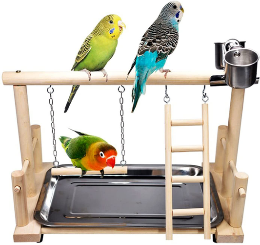 Fantasyday Bird Play Stand, Natural Wooden Bird Playground Birds Gym Bird Toy Accessories with Stainless Steel Feeding Stair Swing for Parrots, Finches # 1 Animals & Pet Supplies > Pet Supplies > Bird Supplies > Bird Gyms & Playstands FantasyDay   