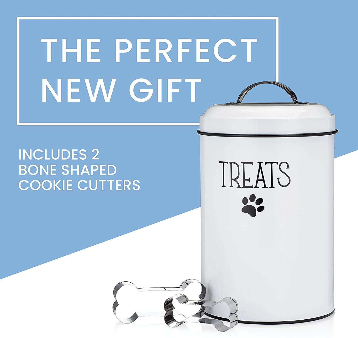 JRW DESIGN White Dog and Cat Treat Container plus 2 Bone-Shaped Cookie Cutters - Farmhouse Dog Treat Holder Jar - Durable Dog Biscuit Tin Canister, Great Gift for Pet Owners - Stylish Dog Treat Jar Animals & Pet Supplies > Pet Supplies > Small Animal Supplies > Small Animal Treats JRW Design   