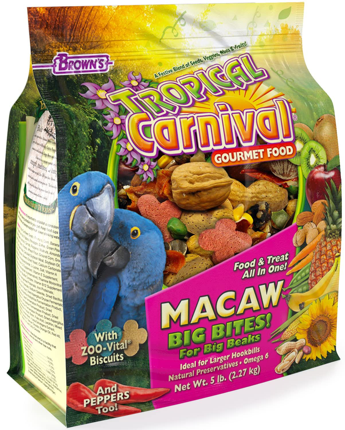 Tropical Carnival F.M. Brown'S, Gourmet Macaw Food Big Bites for Big Beaks - Seeds, Veggies, Fruits, and Nuts with Probiotics Animals & Pet Supplies > Pet Supplies > Bird Supplies > Bird Food Fm Browns 5 Pound (Pack of 1)  