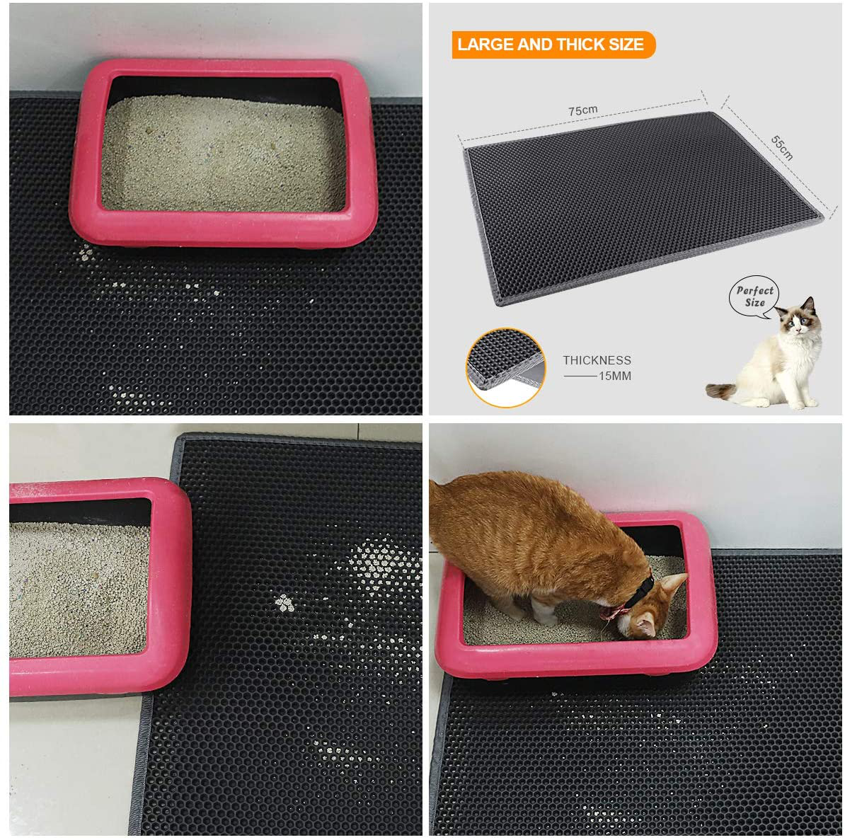 Waretary Cat Litter Mat, Pretty Litter Box Trapping Mat, 24" X 15"/30"X 24"Inch Honeycomb Double Scatter Control Layer Mat for Kitty, Urine & Waterproof, Washable, Easy Clean