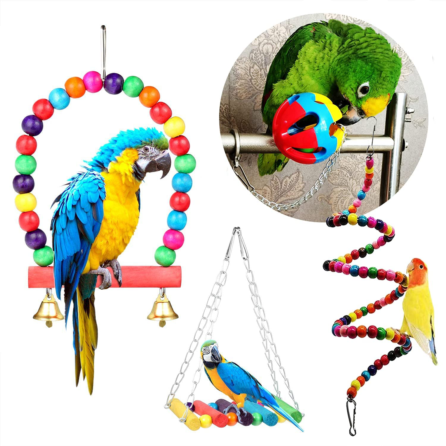 Bird Parrot Toy, 10Pcs Bird Swing Toys Bird Chewing Toys, Colourful Pet Bird Toys with Wooden Hanging Stand Ladder Cage Hanging Bell for Birds, Parrots Animals & Pet Supplies > Pet Supplies > Bird Supplies > Bird Toys AQH   