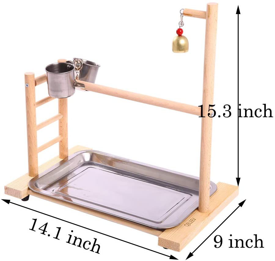 QBLEEV Birdcage Stands Parrot Play Gym Wood Conure Playground Bird Cage Stands Accessories Birdhouse Decor Table Top Playstand with Ladder Stainless Steel Feeder Cup Tray for Small Medium Parakeets Ca Animals & Pet Supplies > Pet Supplies > Bird Supplies > Bird Gyms & Playstands QBLEEV   