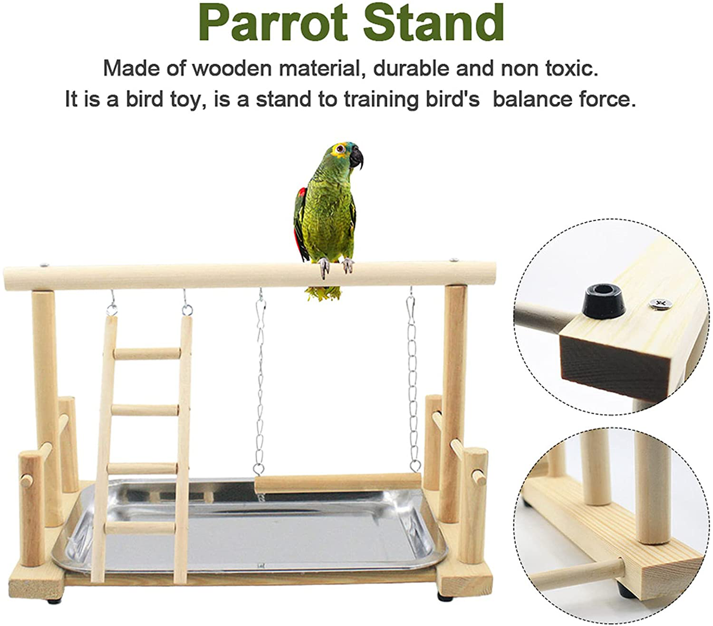 Fantasyday Bird Play Stand, Natural Wooden Bird Playground Birds Gym Bird Toy Accessories with Stainless Steel Feeding Stair Swing for Parrots, Finches # 1