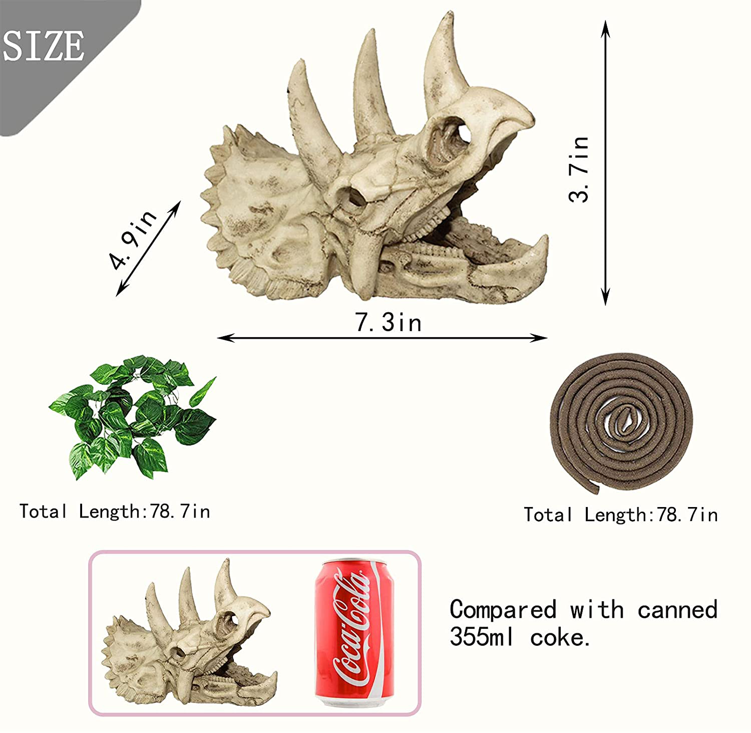 Tfwadmx Bearded Dragon Tank Accessories Resin Dinosaur Triceratops Skull Skeleton Reptiles Hideouts Cave Vines Leaves Aquarium Decorations for Lizards,Chameleon,Snake,Spider,Gecko