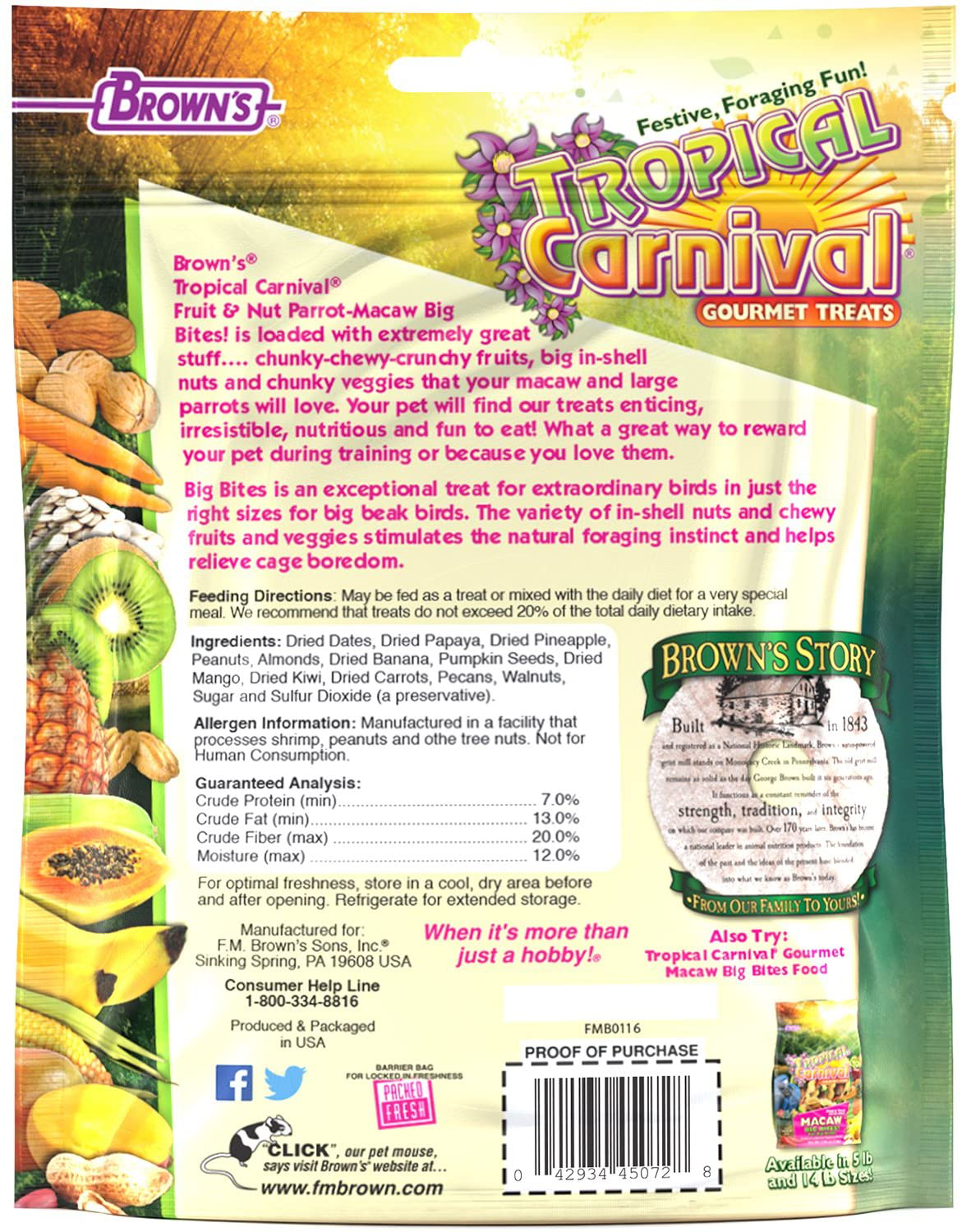 F.M. Brown'S Tropical Carnival Fruit and Nut Parrot-Macaw Big Bites. 10 Oz Bag - Foraging Treat with Fruits, Veggies, and In-Shell Nuts Animals & Pet Supplies > Pet Supplies > Bird Supplies > Bird Treats F.M.Brown's   