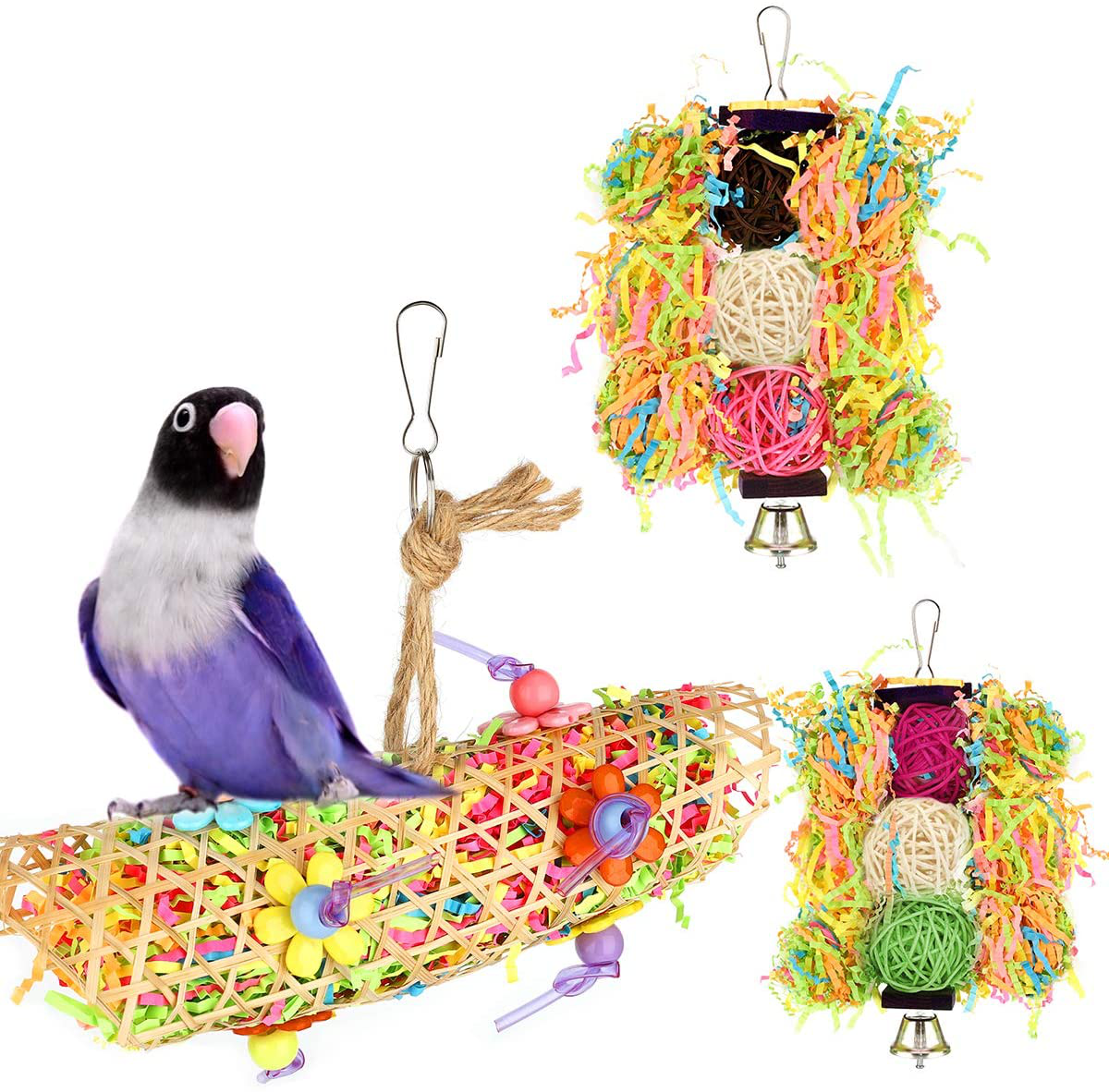 Pawaboo Bird Parrot Toys 3 Packs, Bird Chewing Foraging Shredder Toy Bird Cage Hammock Hanging Swing with Bells for Small Bird, Parakeets, Cockatiels, Conures, Budgie, Lovebirds, Hummingbird