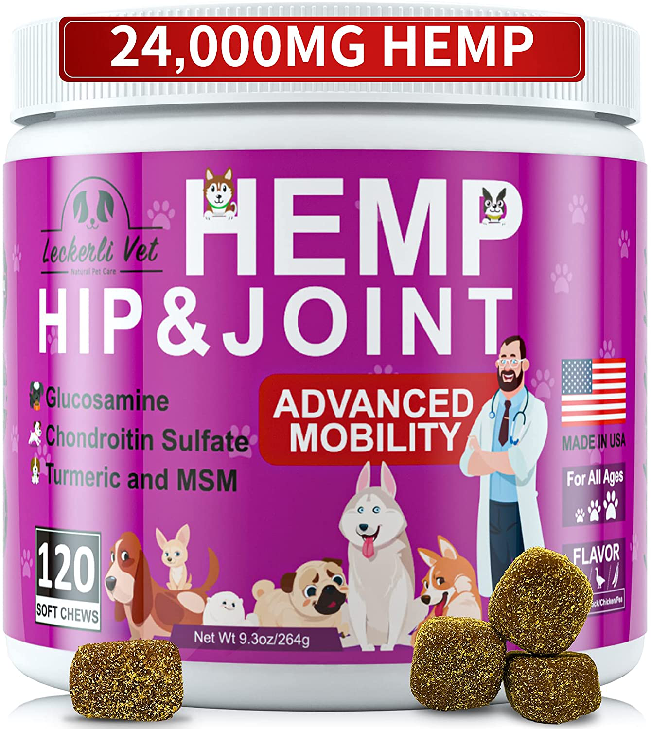 Hip and Joint Supplement for Dogs - 120 Soft Chews with HEMP Oil & HEMP Powder, Glucosamine, Chondroitin, MSM, Turmeric, Premium Dog Glucosamine for Pet Mobility Support and Inflammation Relief Animals & Pet Supplies > Pet Supplies > Small Animal Supplies > Small Animal Treats Leckerli Vet   