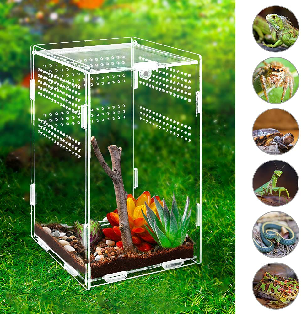 Anpress Acrylic Reptile Terrarium, 4.7''X4.7''X7.8'' Micro Transparent Habitat Terrariums Reptiles Tarantulas Cage Mini Enclosure Feeding Breeding Box with Cover for Animals Insects