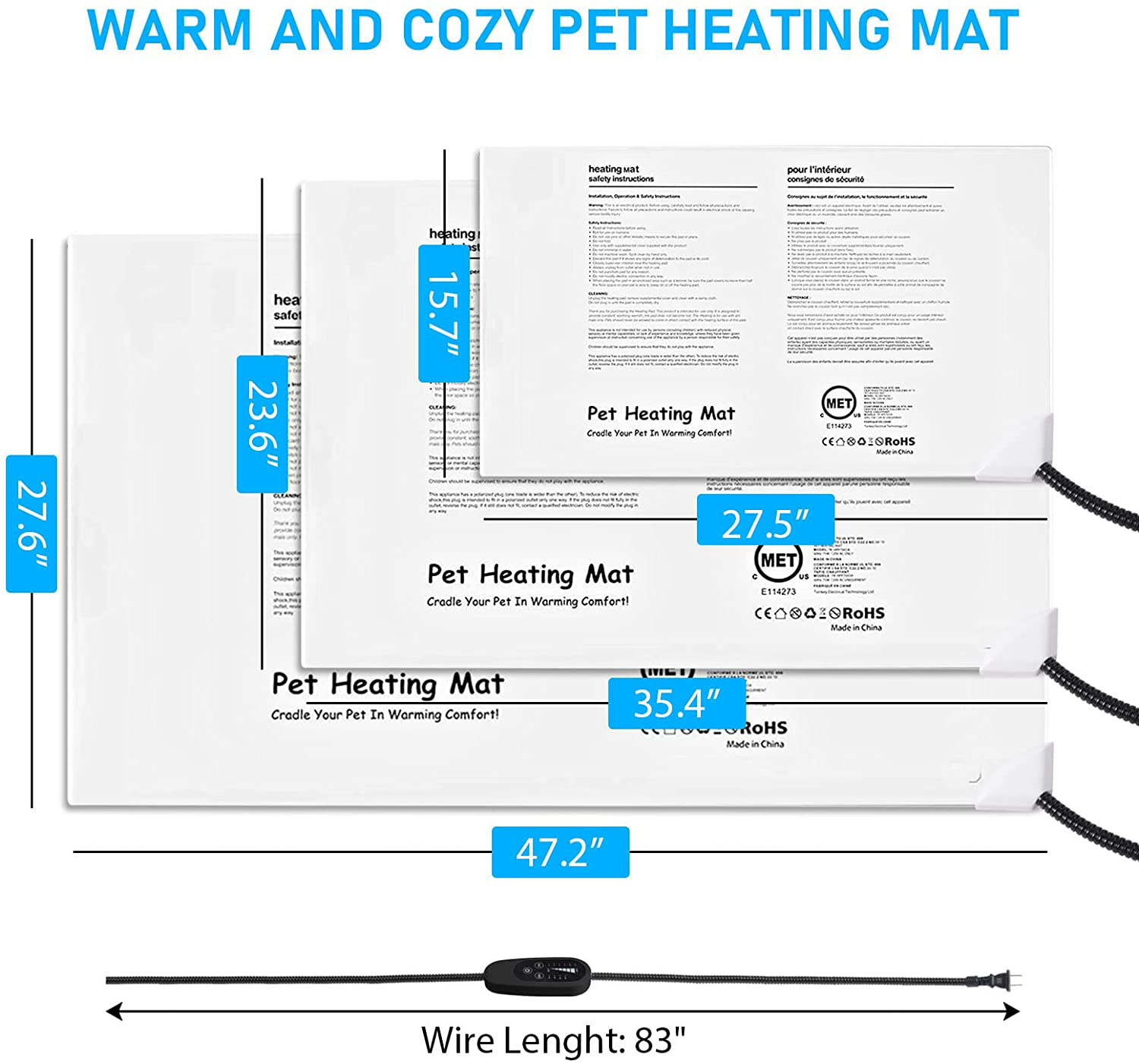 Super Large Size Pet Heating Pad Electric Heating Pad for Dogs, Waterproof Dog Cat Heating Pad, Adjustable Warming Mat with 6 Levels Temperature & 4 Timers Levels Auto Power off Chew Resistant Cord Animals & Pet Supplies > Pet Supplies > Dog Supplies > Dog Beds clawsable   