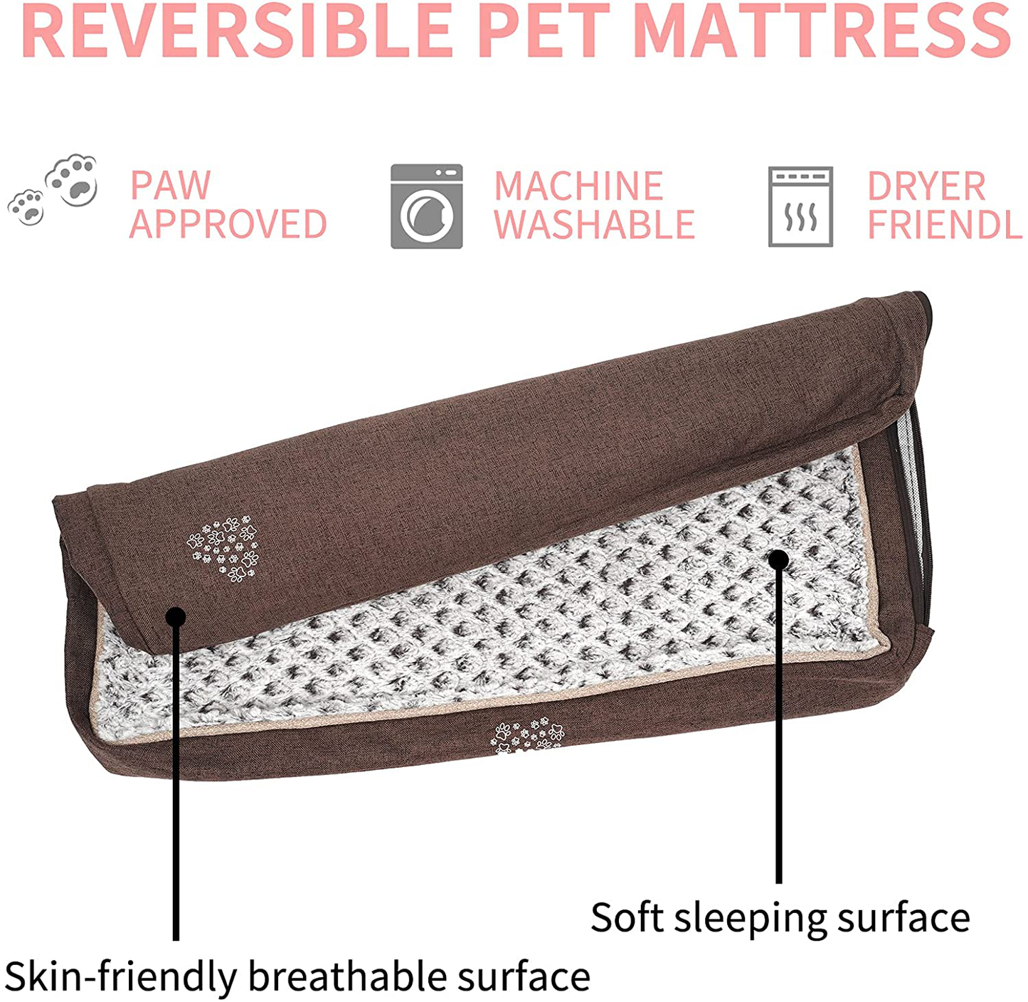 VANKEAN Stylish Reversible Dog Mat (Warm and Cool), Waterproof Inner Lining, Removable Machine Washable Cover, Plush Dog Mattress for Joint Relief Dog Bed for Crate, Coffee