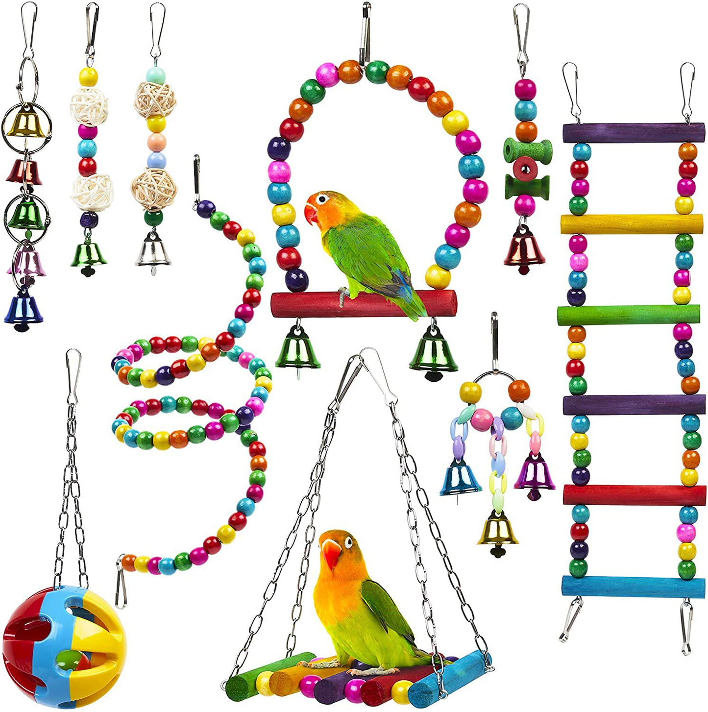 Bird Parrot Toy, 10Pcs Bird Swing Toys Bird Chewing Toys, Colourful Pet Bird Toys with Wooden Hanging Stand Ladder Cage Hanging Bell for Birds, Parrots Animals & Pet Supplies > Pet Supplies > Bird Supplies > Bird Toys AQH   