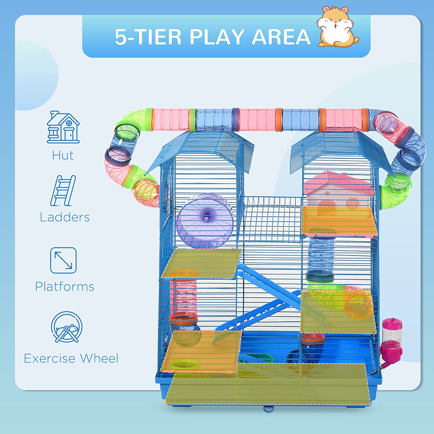 Pawhut 5 Tiers Hamster Cage Small Animal Rat House with Exercise Wheels, Tube Water Bottles, and Ladder, Blue Animals & Pet Supplies > Pet Supplies > Small Animal Supplies > Small Animal Habitat Accessories Aosom LLC   