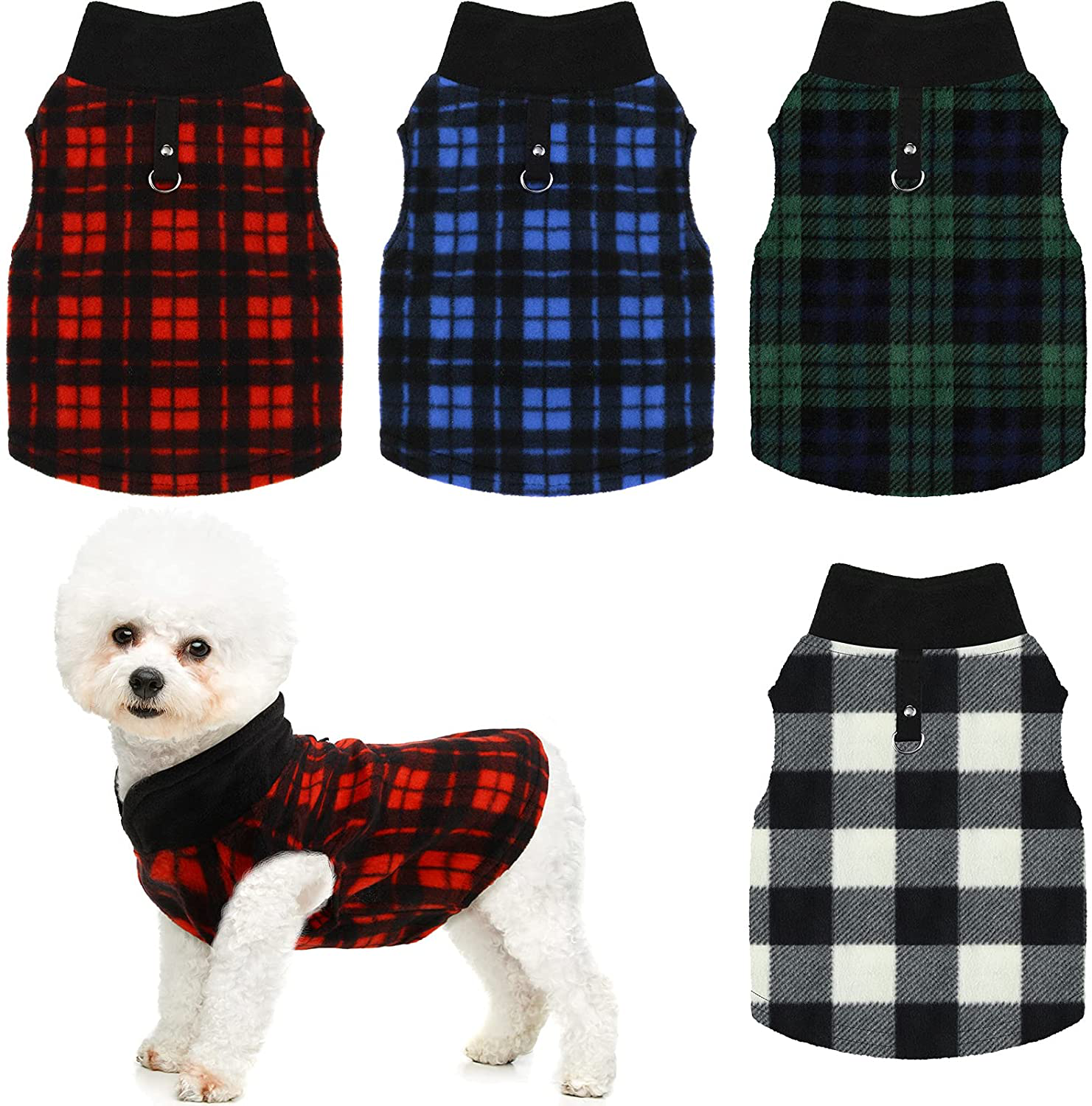 Hamify Fleece Vest Dog Sweater Set of 4 Buffalo Plaid Dog Pullover Warm Jacket Winter Pet Clothes with Leash Ring for Small Dog Cat Animals & Pet Supplies > Pet Supplies > Dog Supplies > Dog Apparel Hamify Small  