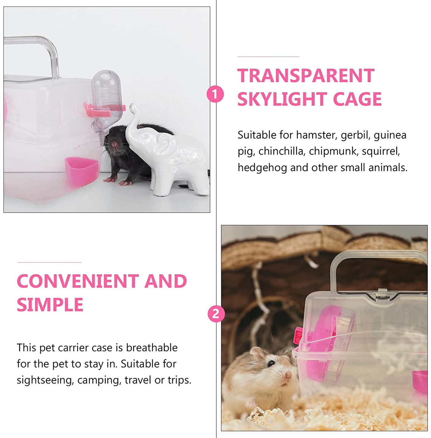 TEHAUX Dwarf Hamster Travel Cage Habitat, Small Animal Portable Travel Carrier with Accessories Including Exercise Wheel Water Bottle and Food Dish （ Pink ）