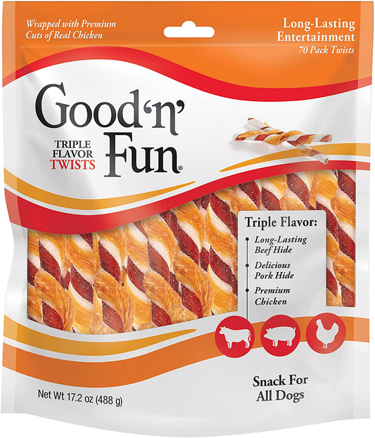 Good 'N' Fun Triple Flavor Twist Chews for Dogs Animals & Pet Supplies > Pet Supplies > Dog Supplies > Dog Treats Good'n'Fun 70 Count (Pack of 1)  