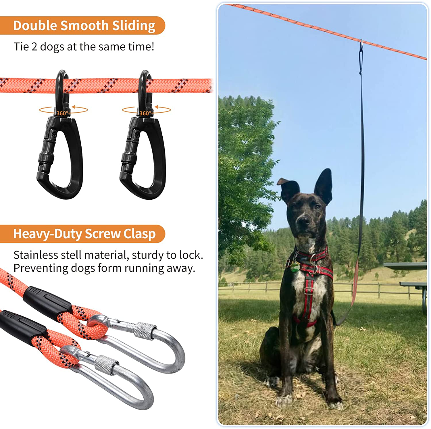 Dog Tie Out Cable for Yard, 50Ft Aerial Dog Runner Trolley System for 2 Dogs, Dog Run Zip Line with Dog Rope Toy for Large Dogs up to 200Lbs, Camping, Backyard, Outside