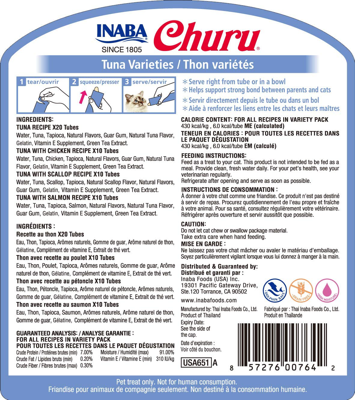 INABA Churu Tuna Lickable Creamy Purée Cat Treats 4 Flavor Variety Pack of 50 Tubes Animals & Pet Supplies > Pet Supplies > Bird Supplies > Bird Treats INABA   