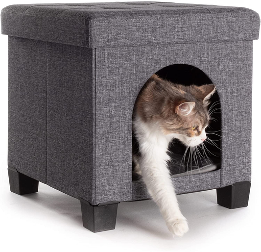 Pawristocrat Unique Multifunctional Pet House Ottoman with Tray Table - Folding Footrest Seat - Large Cat Cube Condo - Pet Bed for Cats and Dogs with Fully Washable Mat Animals & Pet Supplies > Pet Supplies > Cat Supplies > Cat Furniture Pawristocrat Charcoal Cube 