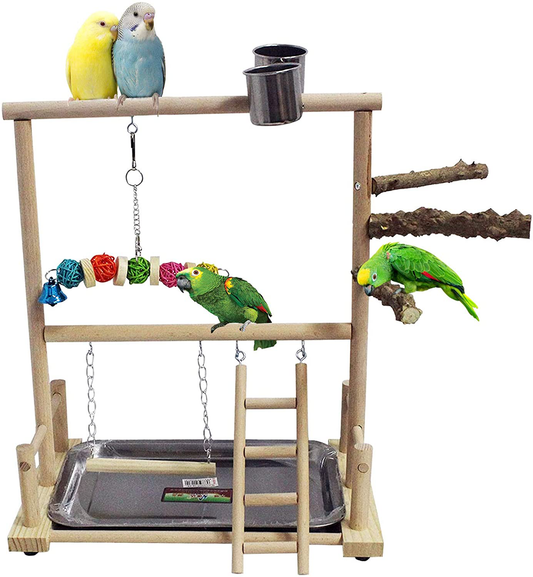 Kathson Bird Playground Parrot Playstand Wood Perch Stand Toys Ladder Swing Feeder Cups Chew Toy for Parakeet Conure Cockatiel Budgie Lovebird Finch Small Birds Animals & Pet Supplies > Pet Supplies > Bird Supplies > Bird Ladders & Perches kathson   