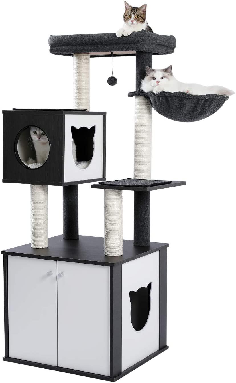 PETEPELA 59’’ All-In-One Cat Tree Multifunctional Modern Cat Tower High-Grade Wood Furniture with Cat Washroom Litter Box House, Cat Condo, Top Perch, Large Hammock and Scratching Post(Brown) Animals & Pet Supplies > Pet Supplies > Cat Supplies > Cat Furniture PETEPELA Black  