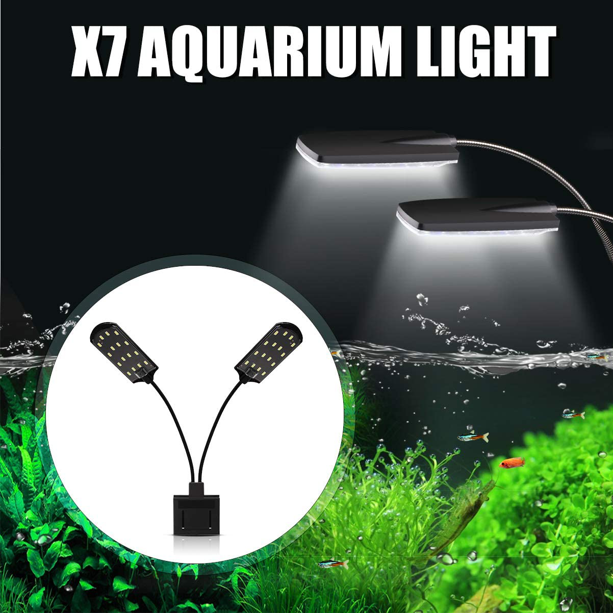 Senzeal X7 Gemini Double Head Aquarium Fish Tank Light US 15W 32 LED Aquarium Planted Clip Lamp 1600LM for 8-15 Inch Fish Tank White LED Lighting