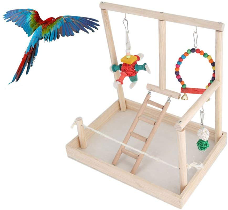 POPETPOP Wooden Bird Play Stand with Swing Perch Chewing Toy Ladder Play Gym Playground Activity Toy for Parakeets Budgie Cockatiels