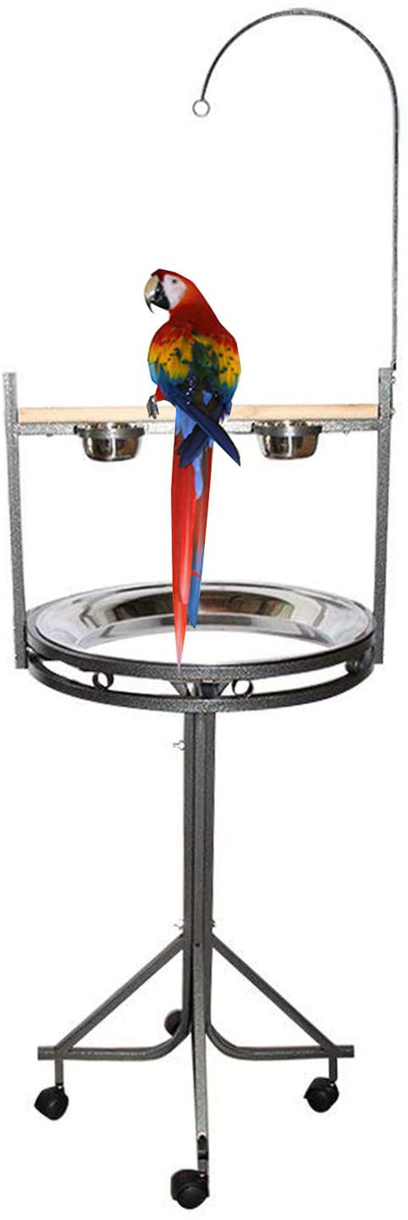 Mcage Large Wrought Iron Parrot Play Gym Ground Stand with Wood Perch Stainless Steel Tray Toy Hook and Stainless Steel Cups on Wheel Animals & Pet Supplies > Pet Supplies > Bird Supplies > Bird Gyms & Playstands Mcage   