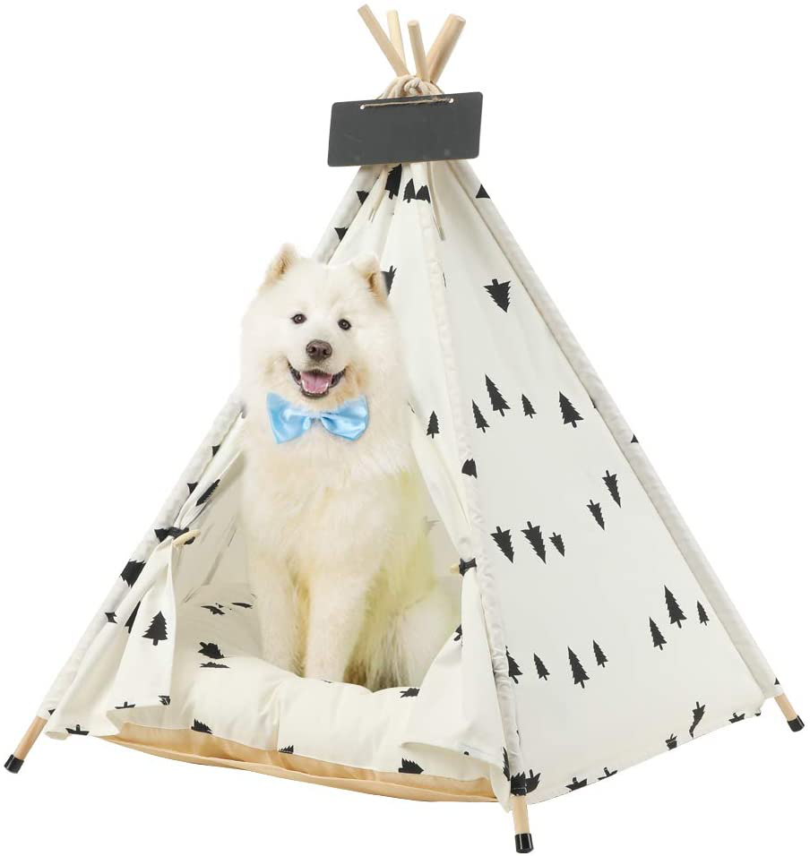 EMUST Pet Teepee, Large Dog Teepee Bed with Thick Cushion, 28 Inch Tall, Portable Washable Teepee Tent for Dogs Puppy, Cat and Rabbits, for Pets up to 33Lbs Animals & Pet Supplies > Pet Supplies > Dog Supplies > Dog Houses EMUST Tree-White  