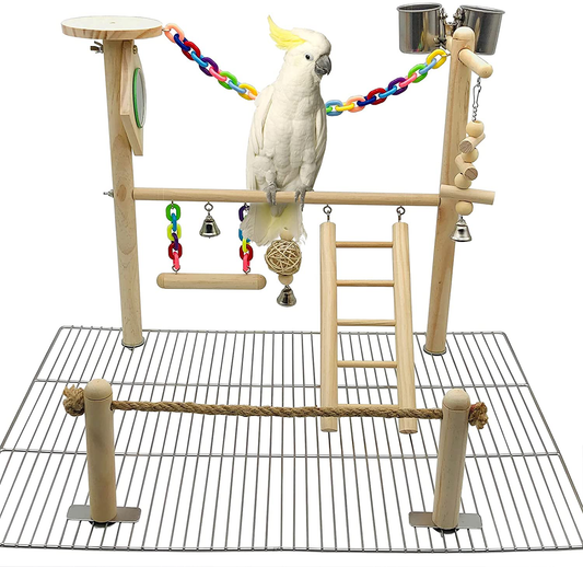 Bird Playground for Top of Cage, Parrot Gym Hanging Chewing Toys, Cage Top Play Stand for Conure, Parakeets, Budgie, Cockatiels, Lovebirds, Bird Wood Perch Cage Toys