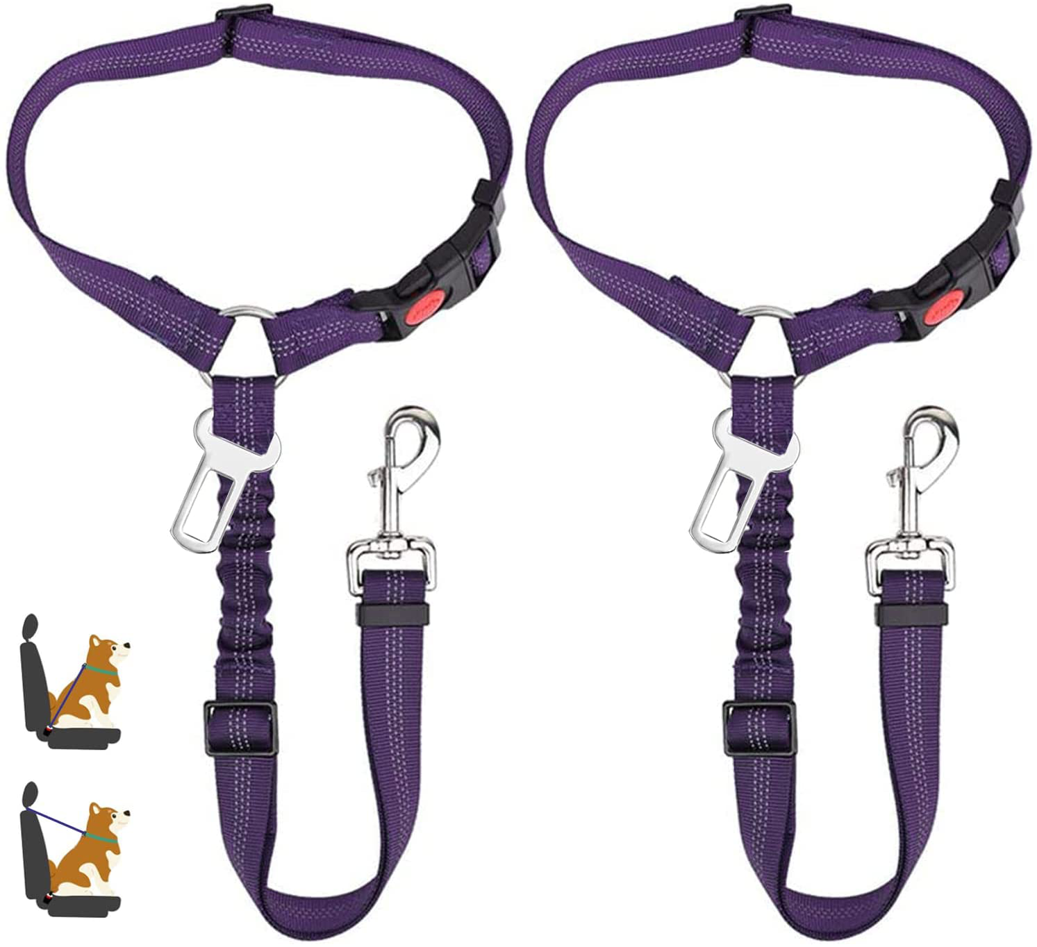 Sixbaola Dog Seat Belt, 2 Pack 2-In-1 Dog Car Seatbelt Headrest Restraint Adjustable Reflective Pet Safety Seat Belt Clip Buckle Tether for Large Medium Small Dogs Animals & Pet Supplies > Pet Supplies > Dog Supplies > Dog Treadmills Sixbaola Purple  