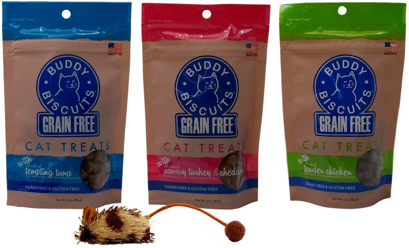 Buddy Biscuits Grain Free Gluten-Free Soft Moist Cat Treats 3 Flavor Variety with Toy Bundle, (1) Each: Tempting Tuna, Savory Turkey Cheddar, Tender Chicken (3 Ounces)