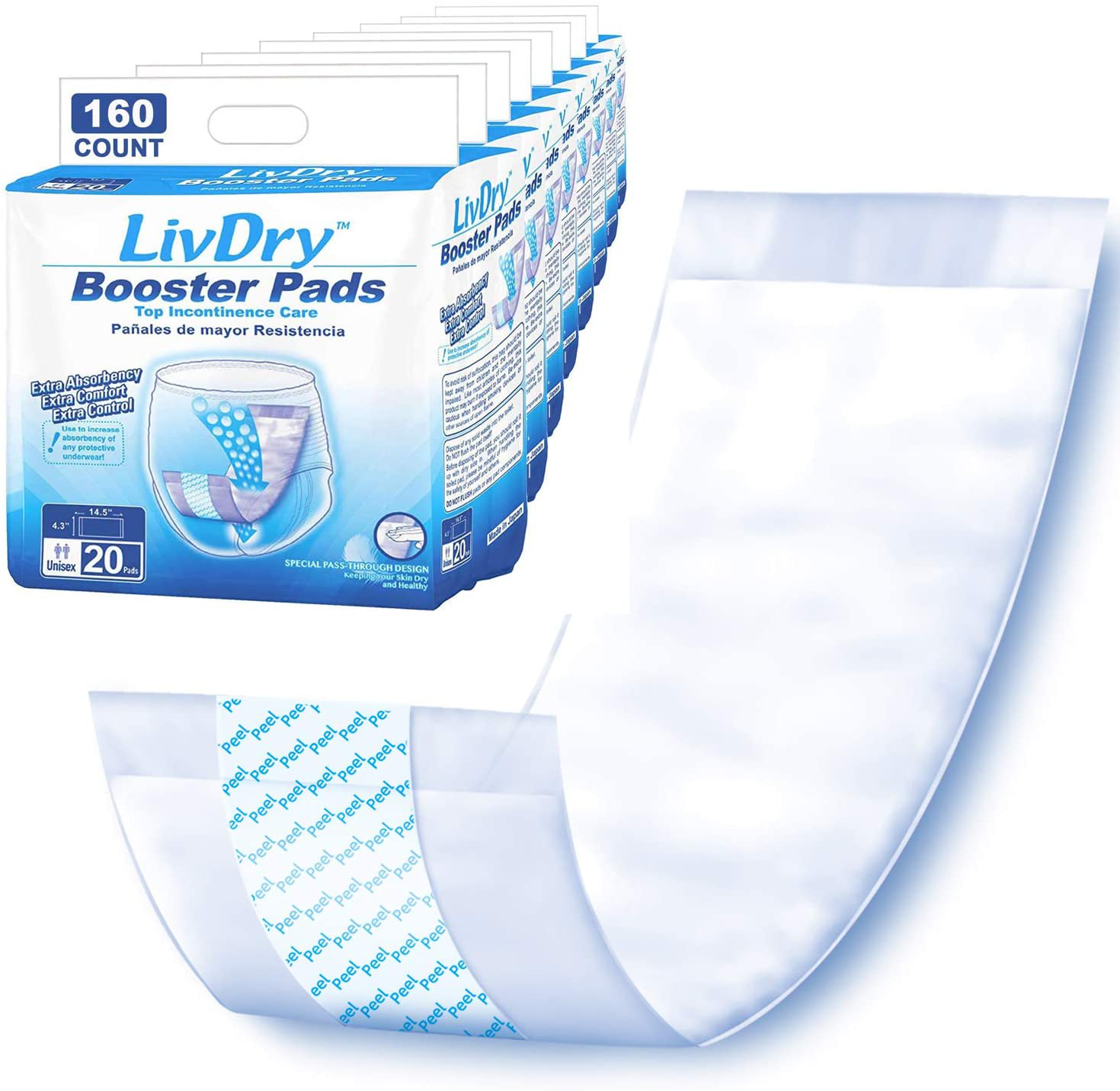 Incontinence Booster Pads by Livdry | Extra Absorbent Protection for Adults, Unisex | Disposable Comfortable Pad (20 Count, Regular Length) Animals & Pet Supplies > Pet Supplies > Dog Supplies > Dog Diaper Pads & Liners LivDry Regular Length 20 Count (Pack of 8) 