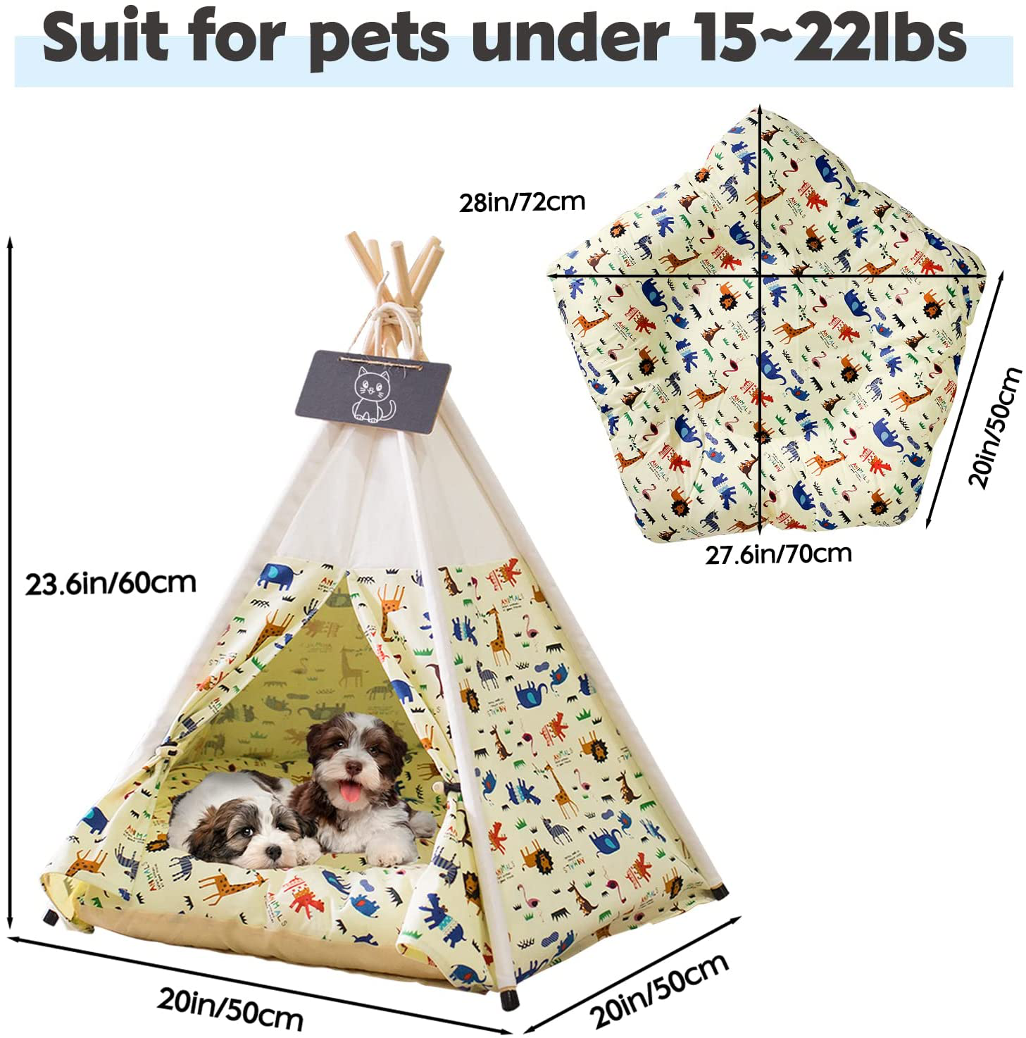 Pet Teepee with Thick Cushion ,Dogs/Puppy Pet Houses with Bed,Portable Indoor Dog Tents Pet Houses Bed Easy to Assemble (Animal)