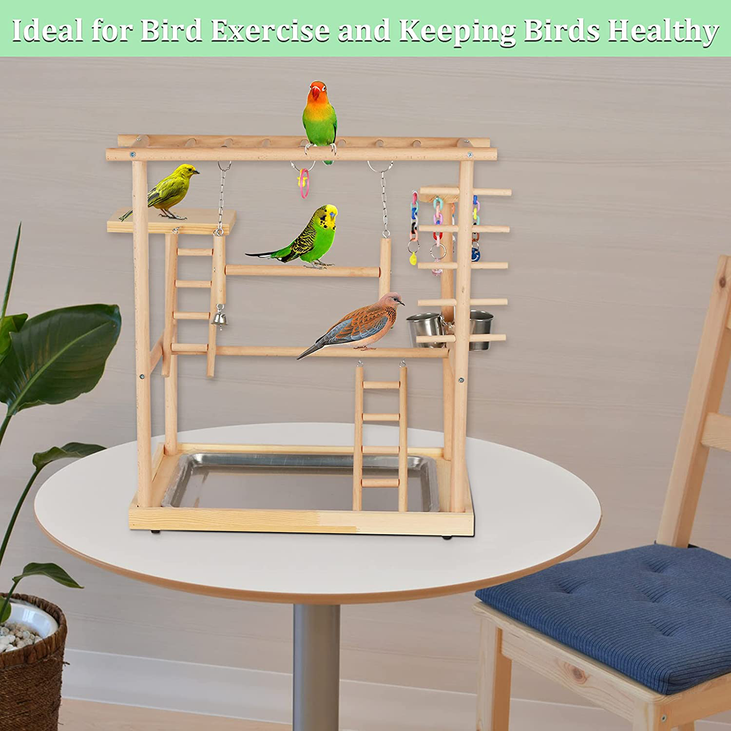 Echaprey Bird Playground Parakeet Cockatiel Playstand Parrot Gym Playground Natural Wood Double Layer Pet Bird Perch Stand with Feeder Bowl Ladder Animals & Pet Supplies > Pet Supplies > Bird Supplies > Bird Gyms & Playstands Echaprey   