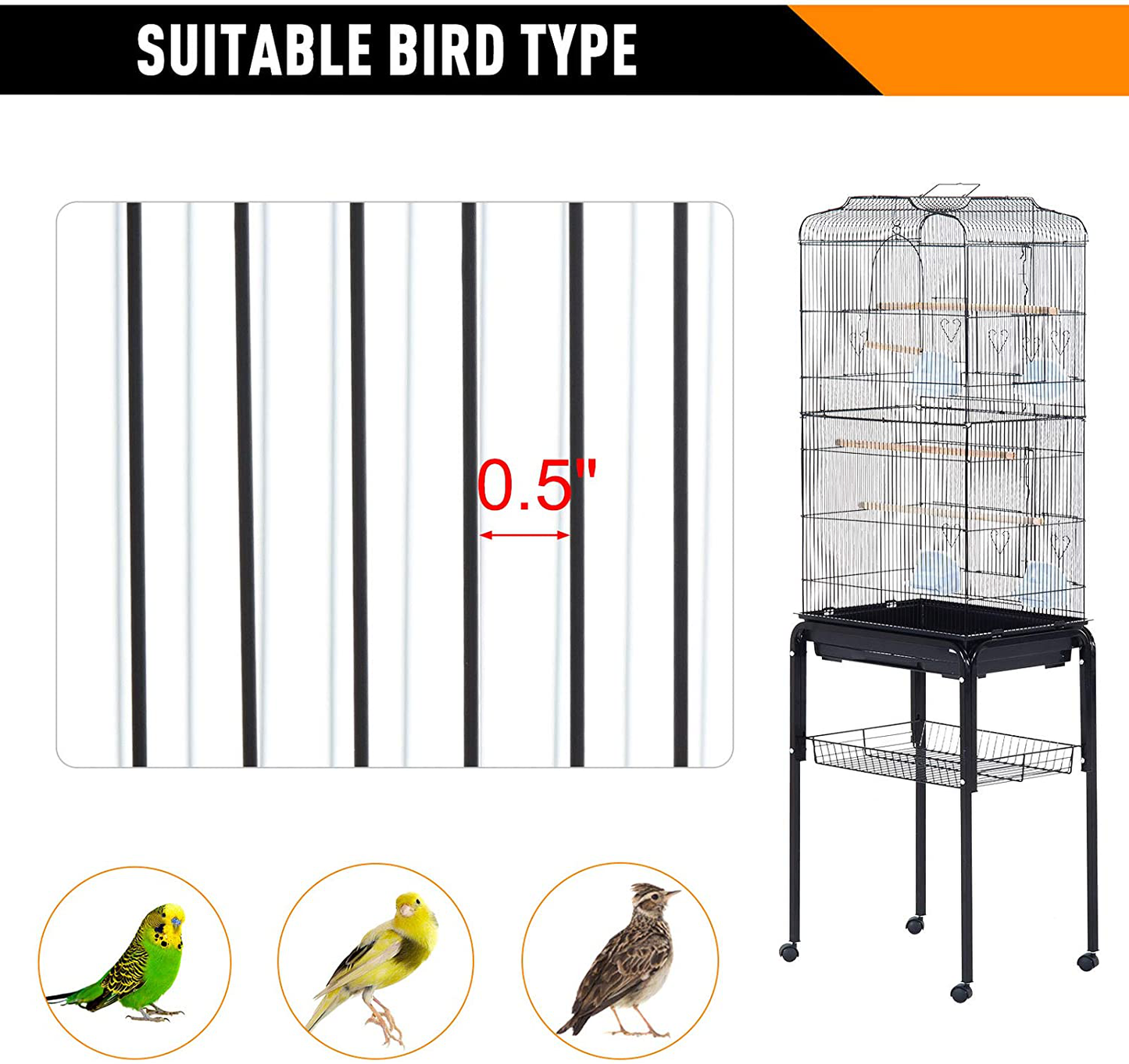 Pawhut 60" Metal Indoor Bird Cage Starter Kit with Detachable Rolling Stand, Storage Basket, and Accessories Animals & Pet Supplies > Pet Supplies > Bird Supplies > Bird Cages & Stands PawHut   