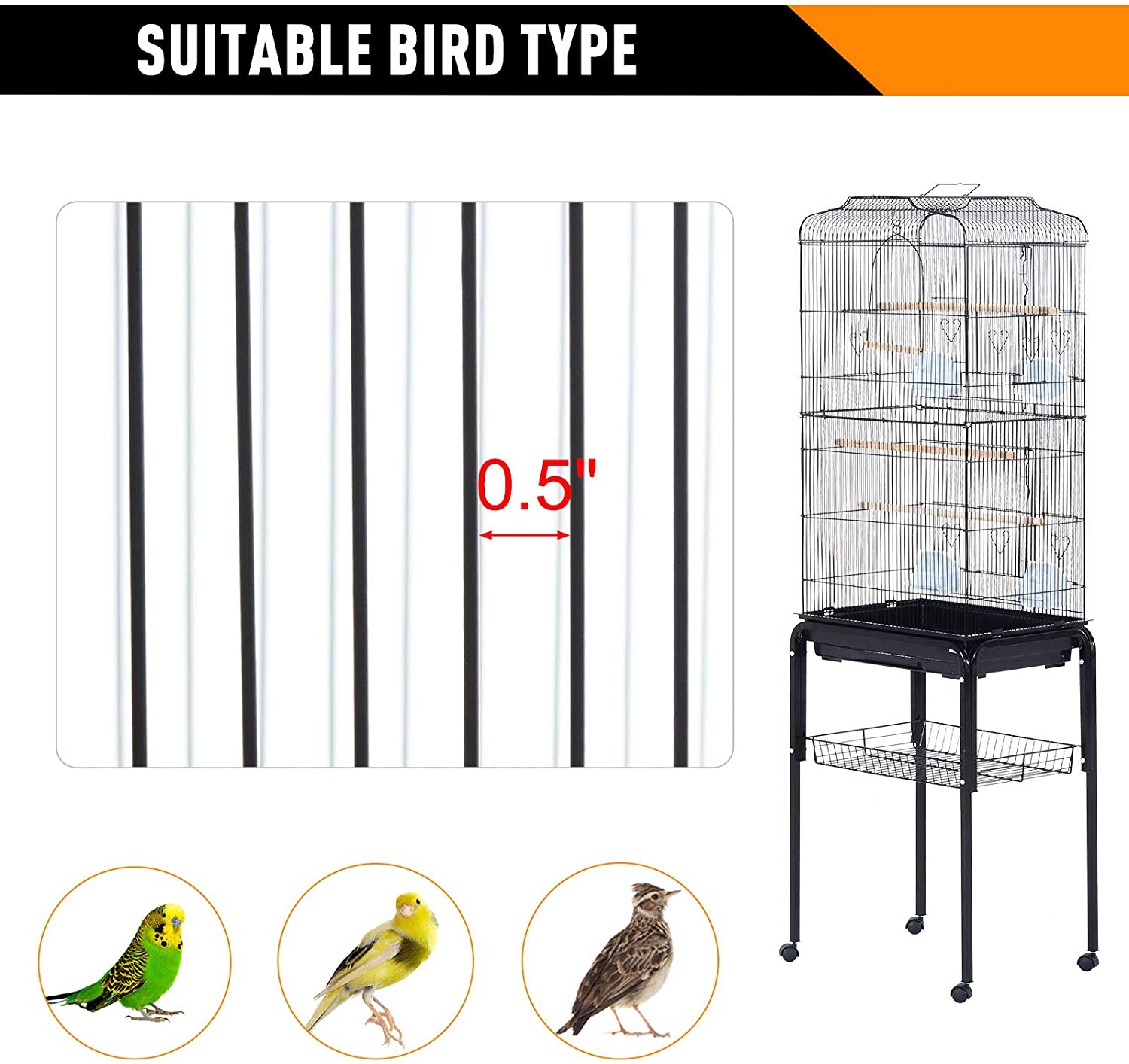 Pawhut 60" Metal Indoor Bird Cage Starter Kit with Detachable Rolling Stand, Storage Basket, and Accessories Animals & Pet Supplies > Pet Supplies > Bird Supplies > Bird Cages & Stands PawHut   