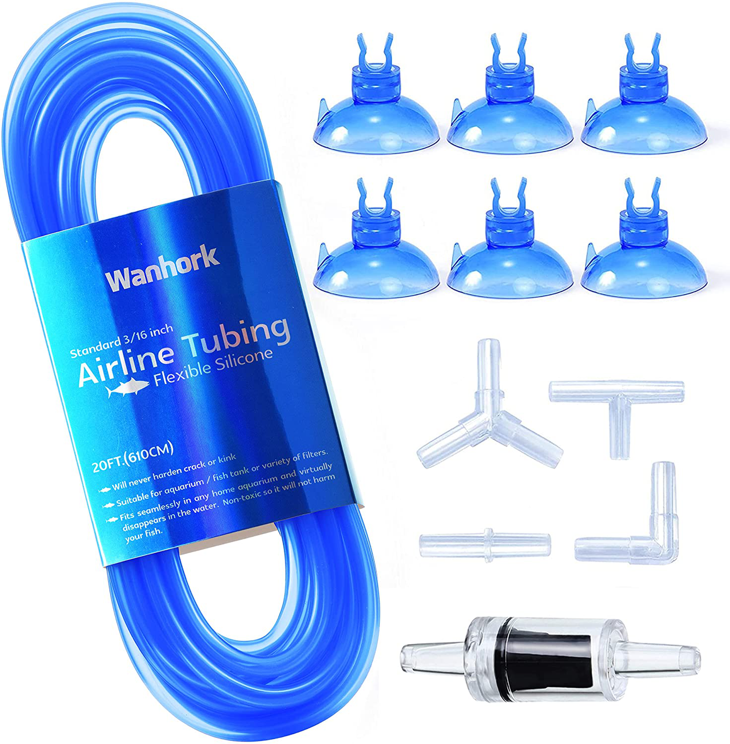 Wanhork 3/16" Professional Flexible Airline Tubing Standard Aquarium Air Pump Accessories with Check Valves, Suction Cups and Connectors, 20 Feet Animals & Pet Supplies > Pet Supplies > Fish Supplies > Aquarium & Pond Tubing Wanhork Blue  