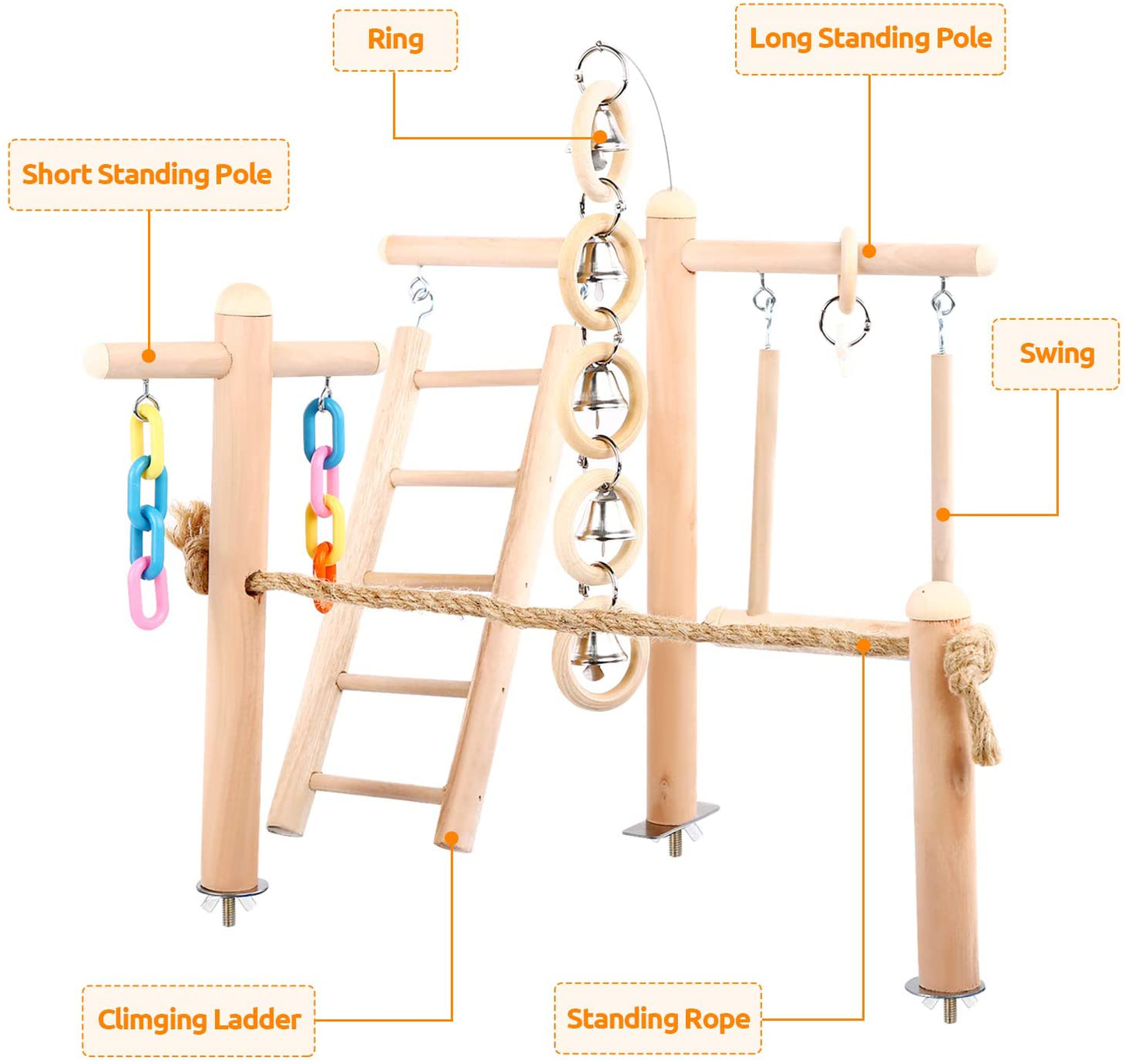 SAWMONG Wooden Bird Play Stand Perch Set, Parrot Playground Swing Toy, Cockatiel Birdcage Training Climbing Ladder, Parakeets Exercise Gym with Rope, Chew Toys for Conures Accessories Decor Animals & Pet Supplies > Pet Supplies > Bird Supplies > Bird Gyms & Playstands SAWMONG   