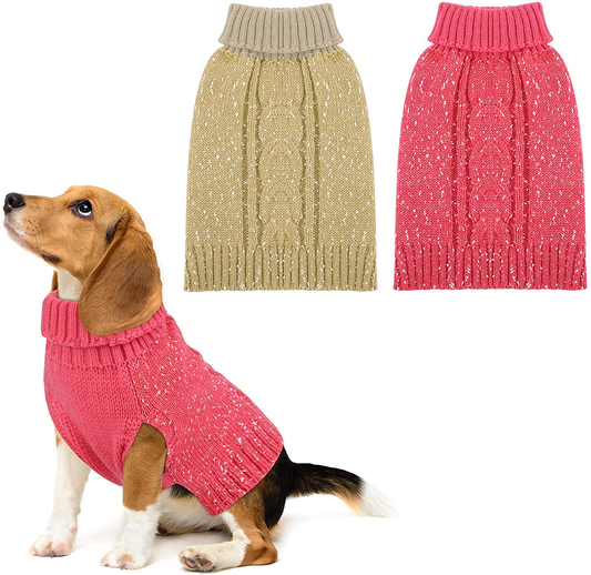 Pedgot 2 Pieces Dog Sweater Turtleneck Knitted Dog Sweater Dog Jumper Coat Warm Pet Winter Clothes Classic Cable Knit Sweater with Yarn Warm Pet Sweater for Fall Winter Animals & Pet Supplies > Pet Supplies > Dog Supplies > Dog Apparel Pedgot Beige, Pink Medium 