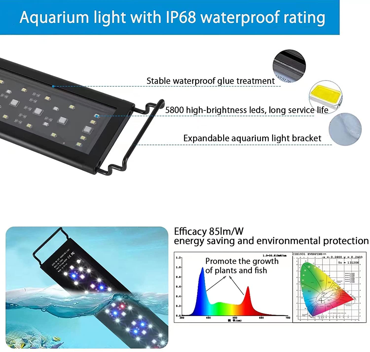 AMZBD Led Aquarium Light,Full Spectrum Aquarium Light,Diy & WRGB Color Temperature Adjustment,3 Timing Modes,Brightness Adjusted Fish Light,Expandable Bracket Aquarium Lamp for Fish Tank(48-54Inch)