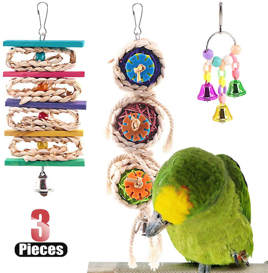 Hilitchi Birds Toys Hanging Hammock Bell Swing Chewing Toys for Parrots, Parakeet, Conure, Cockatiel, Mynah, Love Birds Small Parakeet Cages Decorative Accessories Animals & Pet Supplies > Pet Supplies > Bird Supplies > Bird Toys Hilitchi 3PCS (B)  