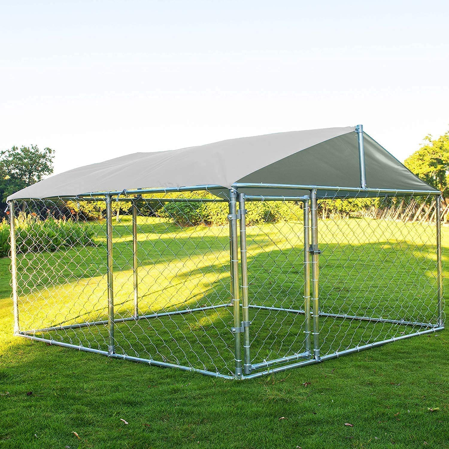 LEISU Outdoor Dog Kennel Heavy Duty Dog House with Water Resistant Cover Dog Cage Pet Resort Kennel Steel Fence with Secure Lock Mesh Sidewalls
