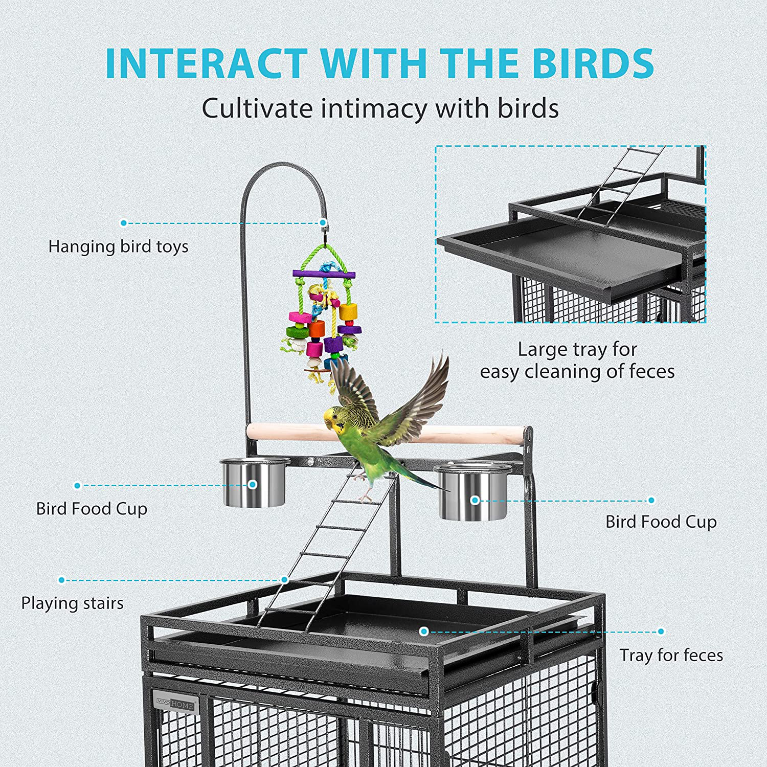 VIVOHOME 72 Inch Wrought Iron Large Bird Cage with Play Top and Rolling Stand for Parrots Conures Lovebird Cockatiel Parakeets Animals & Pet Supplies > Pet Supplies > Bird Supplies > Bird Cage Accessories VIVOHOME   