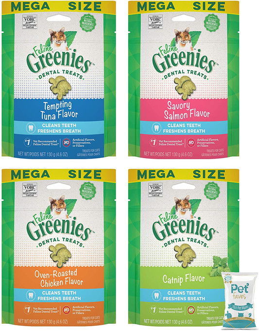 Greenies (4 Pack Feline Dental Cat Treat Variety Bundle 4 Flavors - 4.6Oz Each Bag, (1) Tempting Tuna, (1) Savory Salmon, (1) Oven Roasted Chicken, and (1) Catnip Flavor 10Ct Pet Wipes