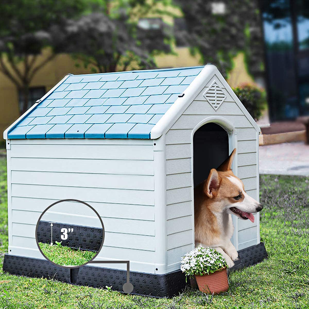 Giantex Dog House for Large Medium Dogs, Waterproof Plastic Dog Houses with Air Vents and Elevated Floor, Easy to Assemble, Outdoor Cat House Feeding Station Indoor Patio Backyard Dog Kennel House