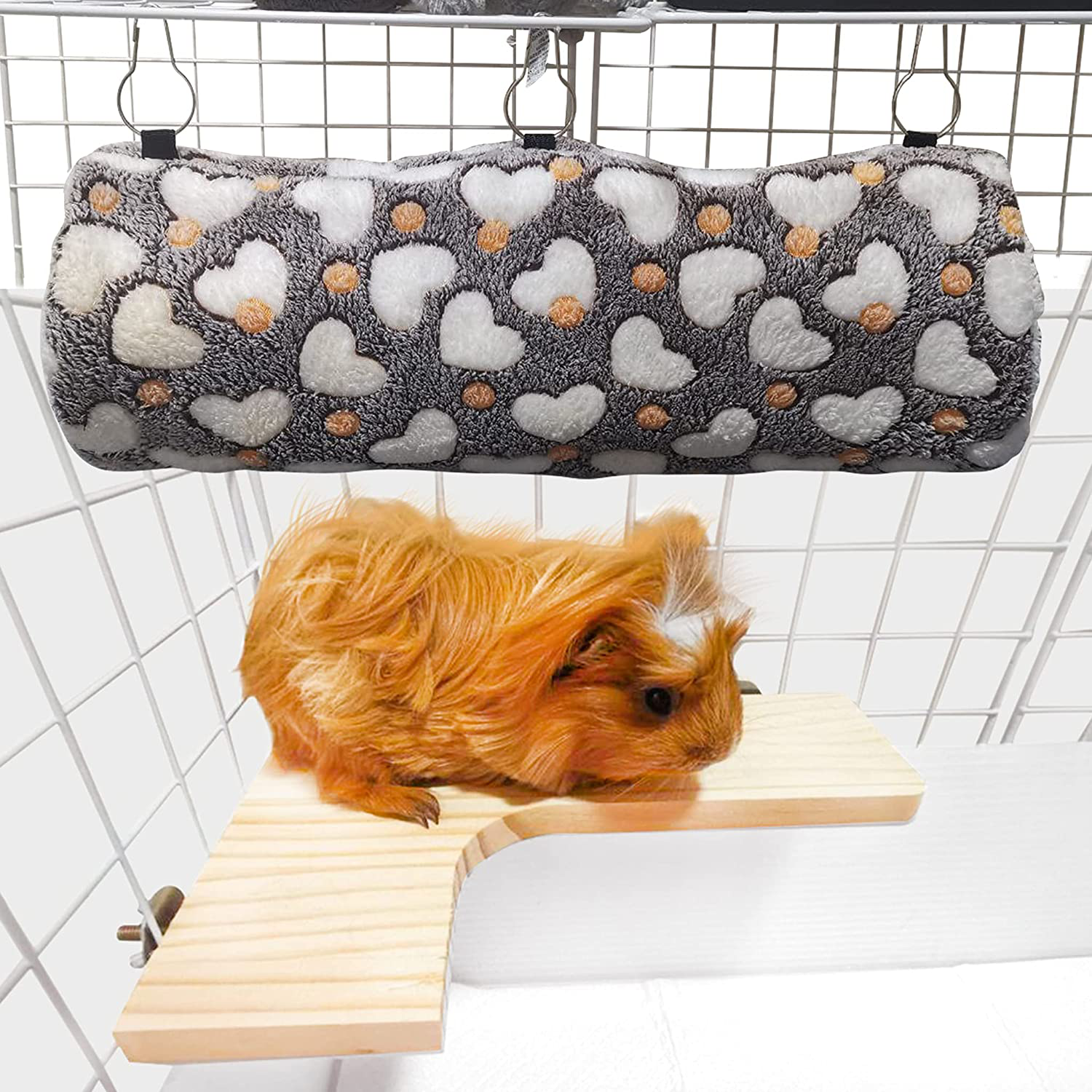 Playcraftz Tunnel Hammock with L-Shape Wood Activity Platforms for Cage Shelves & Wood Perch Ledges for Small Animals Cages and Pets like Hamsters, Mice, Chinchilla, Guinea Pigs, Birds, Rats.