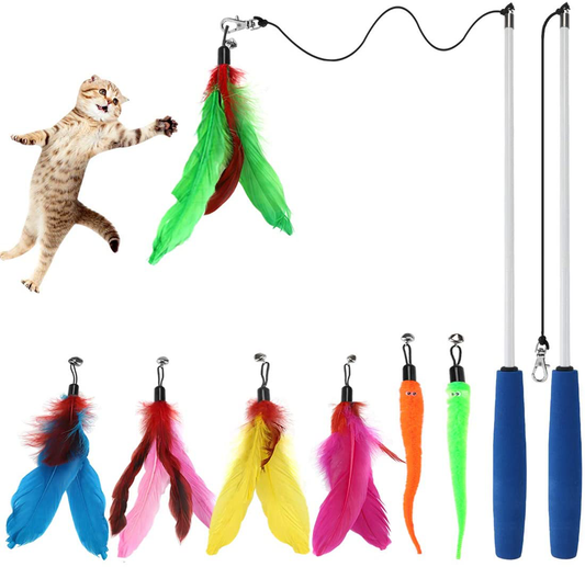 Cat Toys Interactive Cat Feather Wand, Kitten Toys 2Pcs Retractable Cat Wand Toy & 7Pcs Natural Feather Teaser Replacements with Bell, Telescopic Cat Fishing Pole Toy for Indoor Kitty Old Cat Exercise Animals & Pet Supplies > Pet Supplies > Cat Supplies > Cat Toys ChicWow   