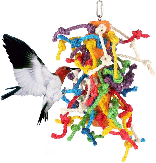 Bvanki Bird Toy, Colorful Knots Block Chewing Toy, Bird Climbing Hanging Toy, Large Parrot Cage Toys, Preening Toy with Natural Food Coloring (Large)