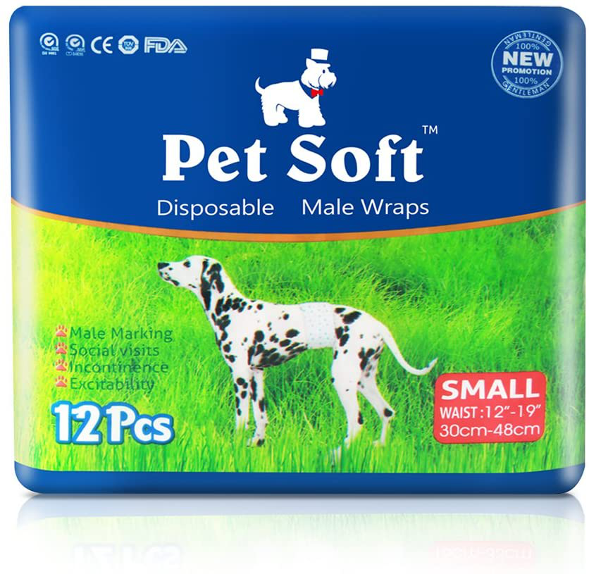 Pet Soft Disposable Dog Wraps - Disposable Male Dog Diapers for Male Puppy Doggy Marking Incontinent 12-72 Counts Animals & Pet Supplies > Pet Supplies > Dog Supplies > Dog Diaper Pads & Liners Pet Soft 12 12 Count S 